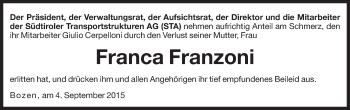 Traueranzeige von Franca Franzoni von Dolomiten