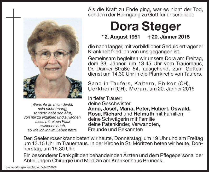  Traueranzeige für Dora Steger vom 22.01.2015 aus Dolomiten