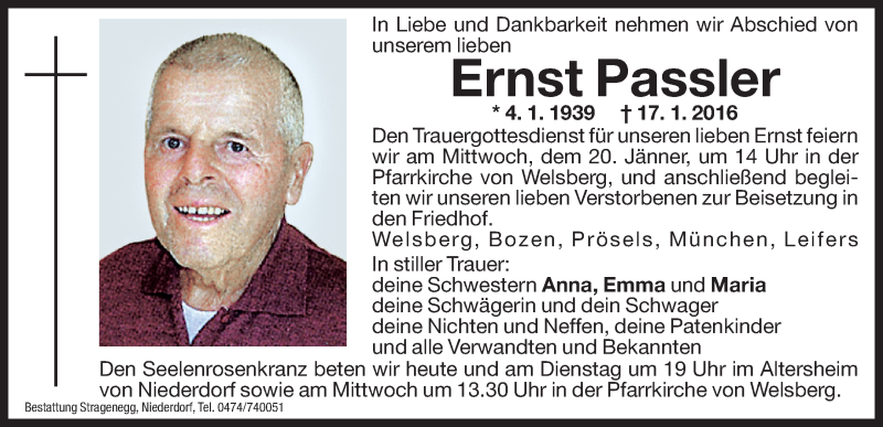  Traueranzeige für Ernst Passler vom 18.01.2016 aus Dolomiten
