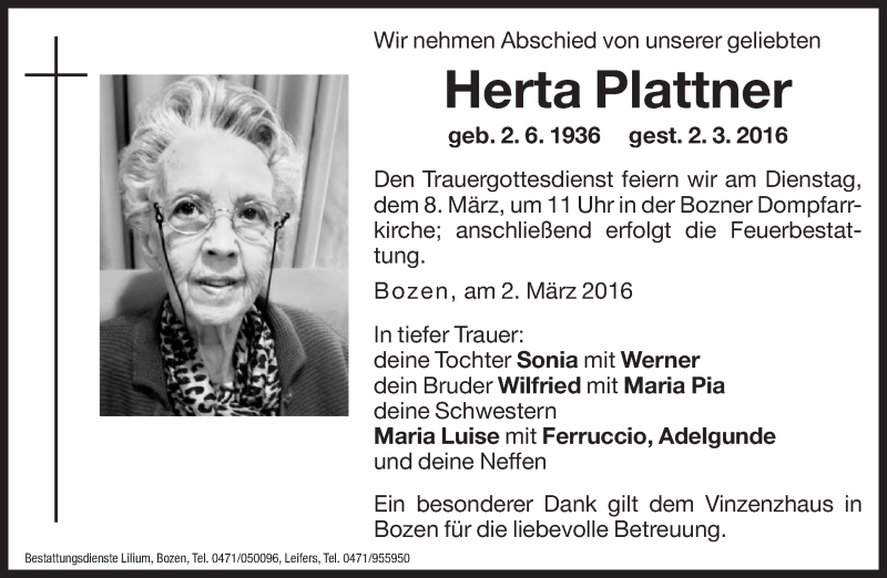  Traueranzeige für Herta Plattner vom 05.03.2016 aus Dolomiten
