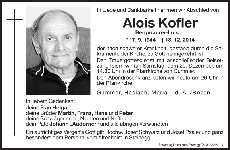  Traueranzeige für Alois Kofler vom 19.12.2014 aus Dolomiten