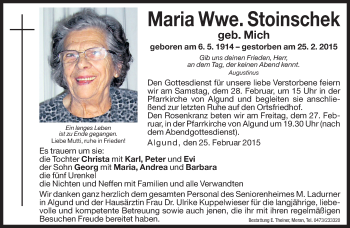 Traueranzeige von Maria Stoinschek von Dolomiten
