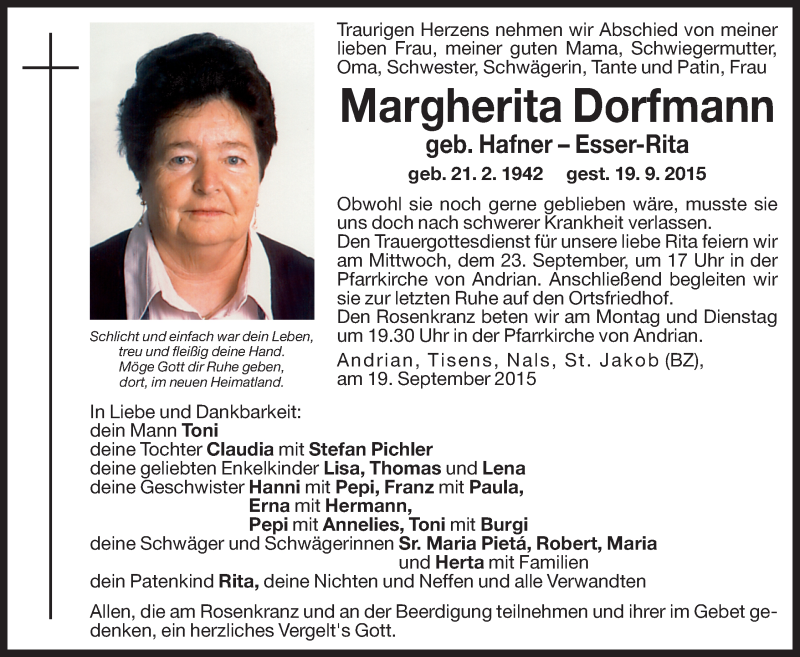  Traueranzeige für Margherita Dorfmann vom 21.09.2015 aus Dolomiten