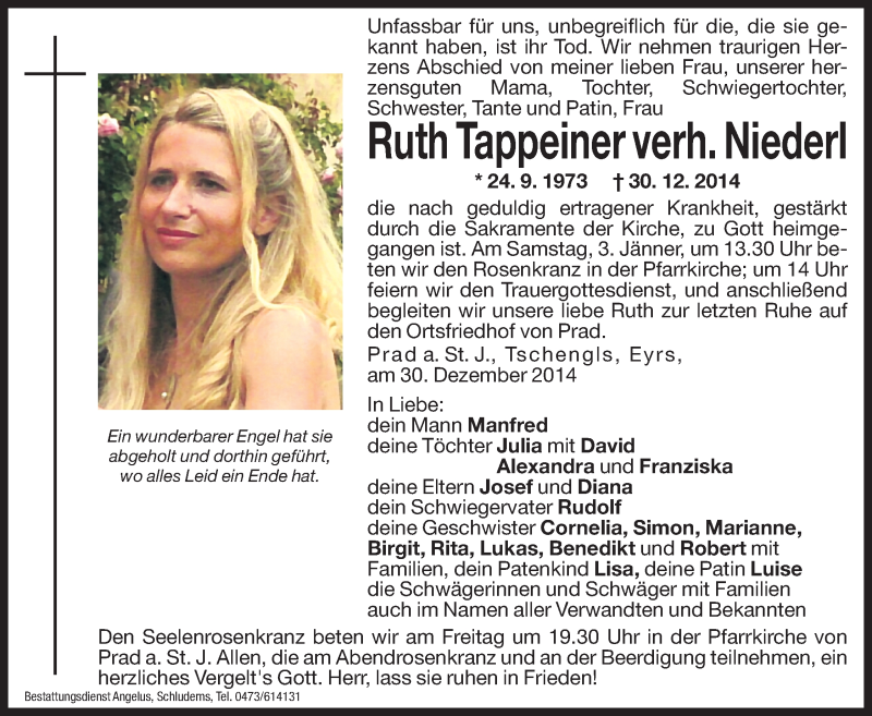  Traueranzeige für Ruth Niederl vom 02.01.2015 aus Dolomiten