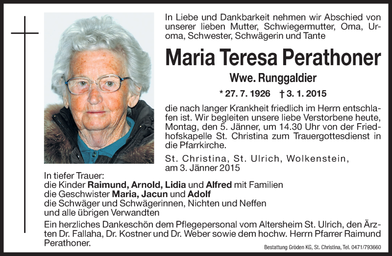  Traueranzeige für Maria Teresa Runggaldier vom 05.01.2015 aus Dolomiten