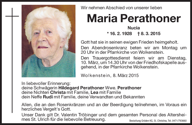  Traueranzeige für Maria Perathoner vom 09.03.2015 aus Dolomiten