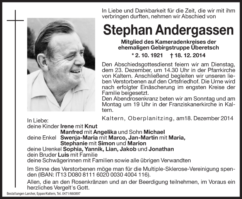  Traueranzeige für Stephan Andergassen vom 20.12.2014 aus Dolomiten