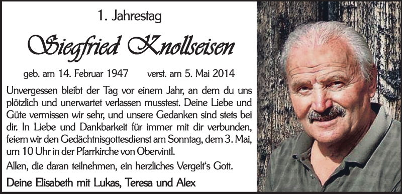  Traueranzeige für Siegfried Knollseisen vom 30.04.2015 aus Dolomiten