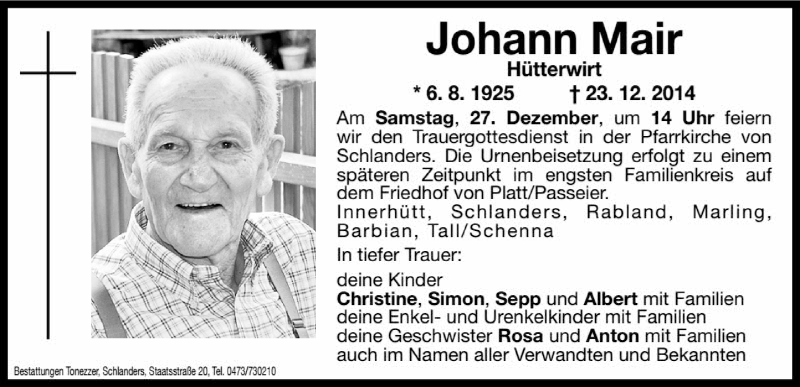  Traueranzeige für Johann Mair vom 27.12.2014 aus Dolomiten