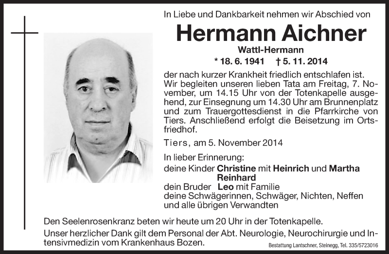  Traueranzeige für Hermann Aichner vom 06.11.2014 aus Dolomiten