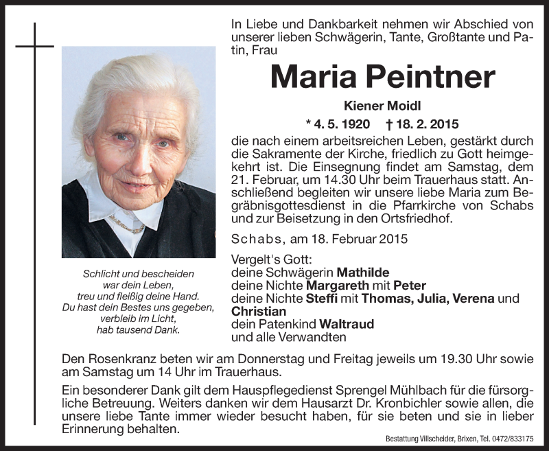  Traueranzeige für Maria Peintner vom 19.02.2015 aus Dolomiten