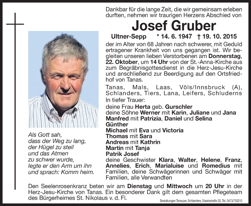  Traueranzeige für Josef Gruber vom 20.10.2015 aus Dolomiten