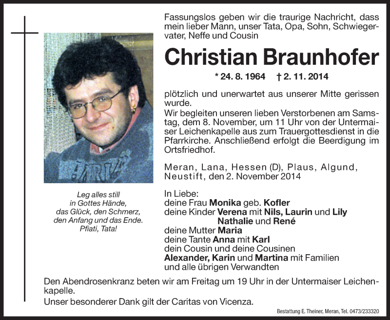  Traueranzeige für Christian Braunhofer vom 07.11.2014 aus Dolomiten