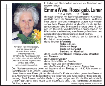 Traueranzeige von Emma Rossi von Dolomiten