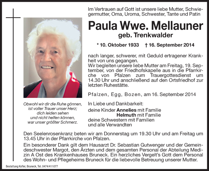  Traueranzeige für Paula Mellauner vom 18.09.2014 aus Dolomiten