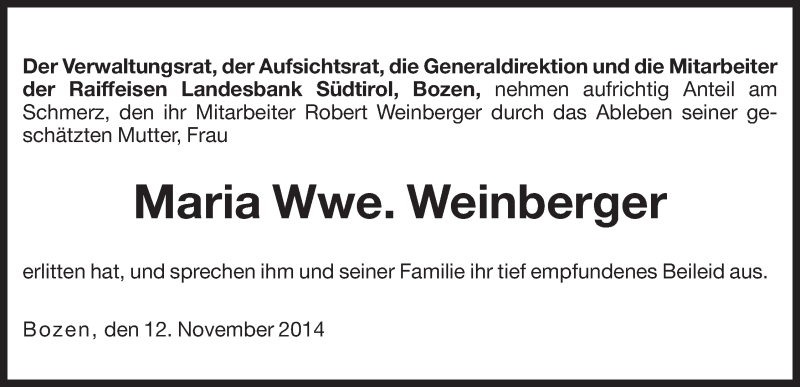  Traueranzeige für Maria Weinberger vom 15.11.2014 aus Dolomiten