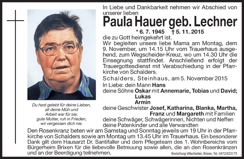  Traueranzeige für Paula Hauer vom 07.11.2015 aus Dolomiten