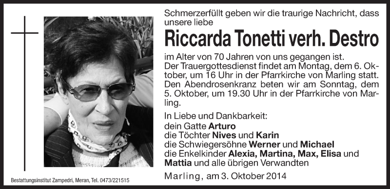  Traueranzeige für Riccarda Destro vom 04.10.2014 aus Dolomiten