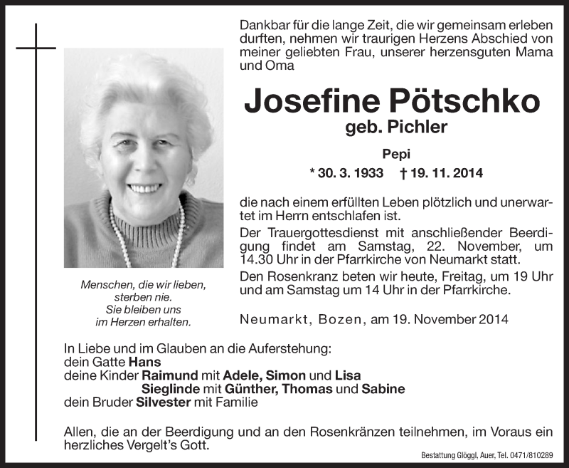  Traueranzeige für Josefine Pötschko vom 21.11.2014 aus Dolomiten