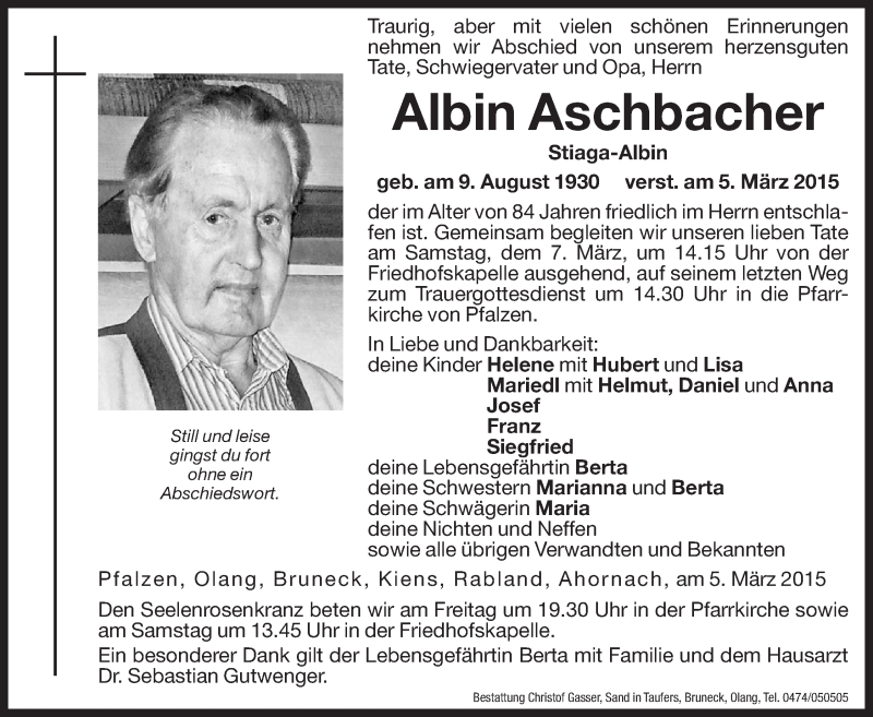  Traueranzeige für Albin Aschbacher vom 06.03.2015 aus Dolomiten