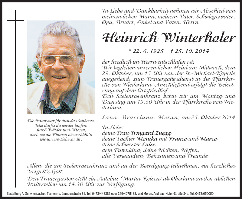  Traueranzeige für Heinrich Winterholer vom 27.10.2014 aus Dolomiten