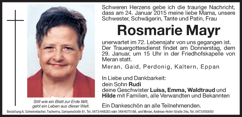  Traueranzeige für Rosmarie Mayr vom 27.01.2015 aus Dolomiten