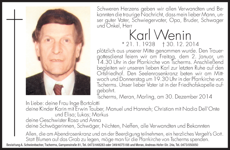  Traueranzeige für Karl  Wenin vom 31.12.2014 aus Dolomiten