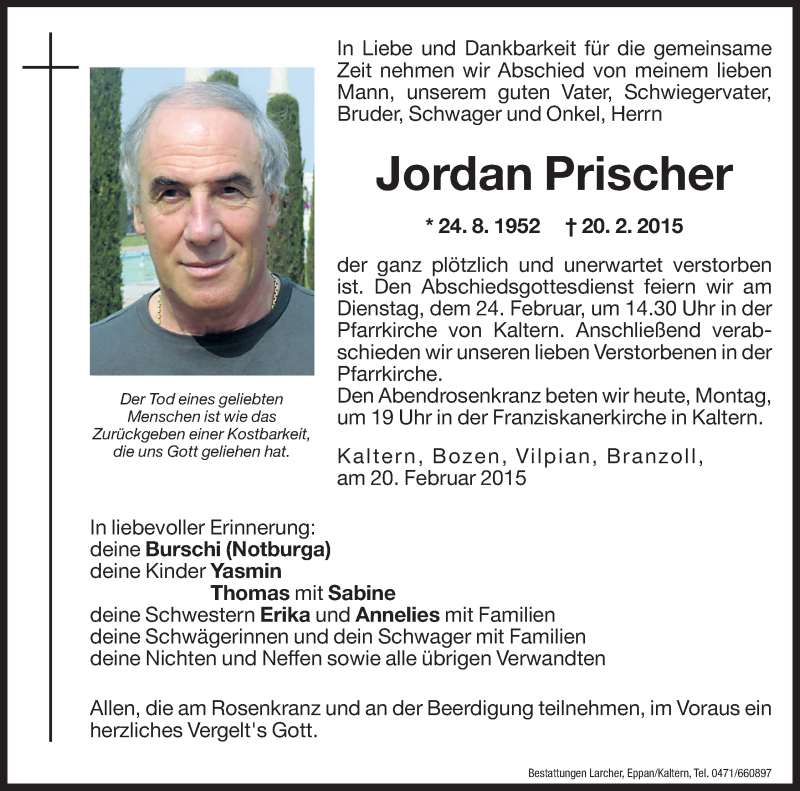  Traueranzeige für Jordan Prischer vom 23.02.2015 aus Dolomiten