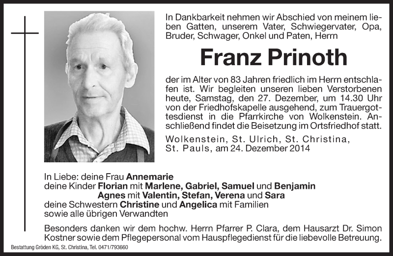  Traueranzeige für Franz Prinoth vom 27.12.2014 aus Dolomiten