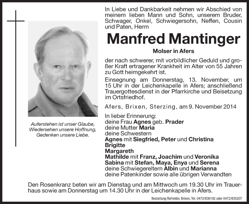  Traueranzeige für Manfred Mantinger vom 11.11.2014 aus Dolomiten