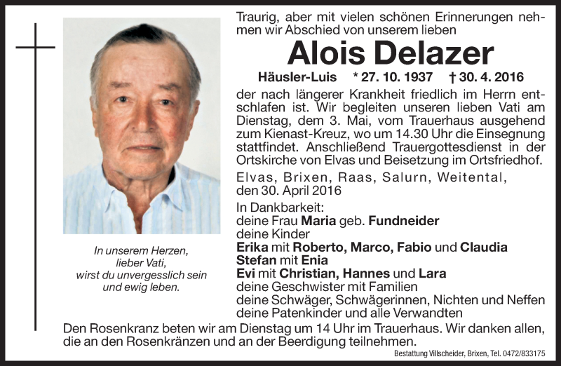  Traueranzeige für Alois Delazer vom 03.05.2016 aus Dolomiten