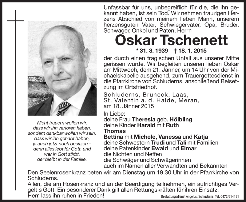  Traueranzeige für Oskar Tschenett vom 20.01.2015 aus Dolomiten