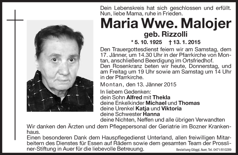  Traueranzeige für Maria Malojer vom 15.01.2015 aus Dolomiten