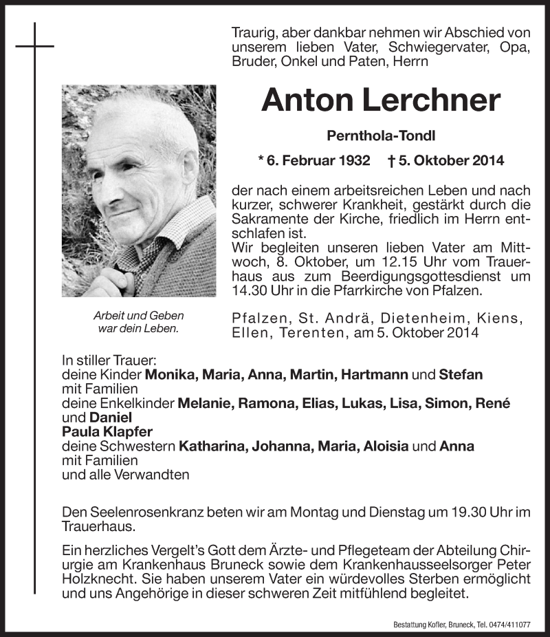  Traueranzeige für Anton Lerchner vom 06.10.2014 aus Dolomiten