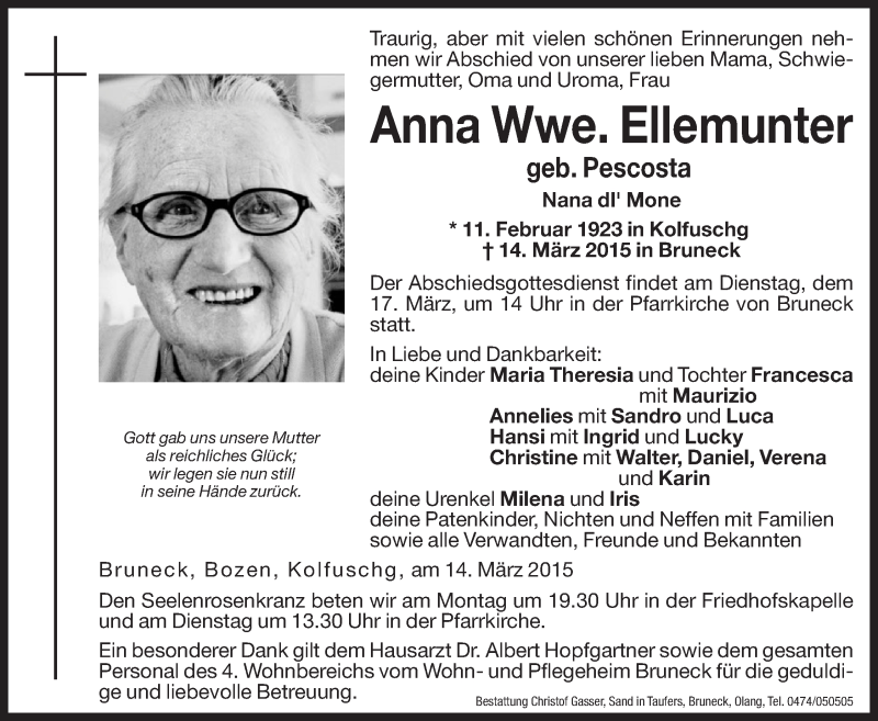  Traueranzeige für Anna Ellemunter vom 16.03.2015 aus Dolomiten