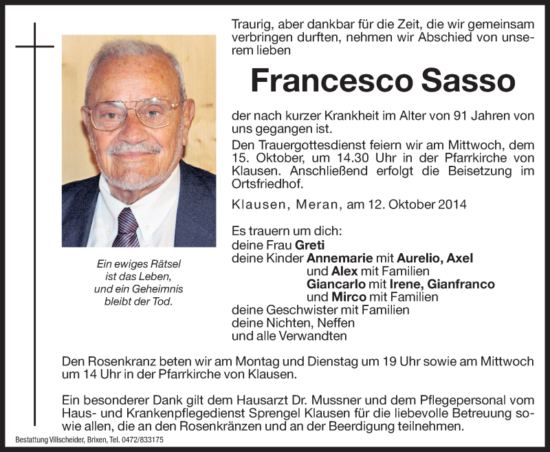  Traueranzeige für Francesco Sasso vom 13.10.2014 aus Dolomiten