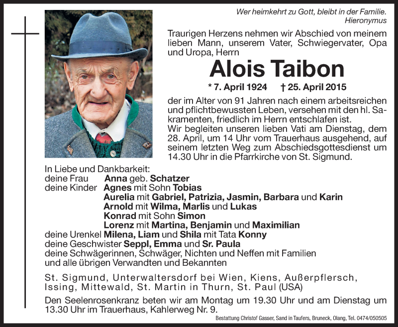  Traueranzeige für Alois Taibon vom 27.04.2015 aus Dolomiten