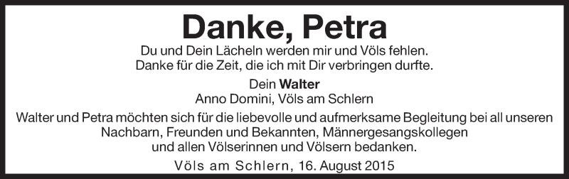  Traueranzeige für Petra  vom 17.08.2015 aus Dolomiten