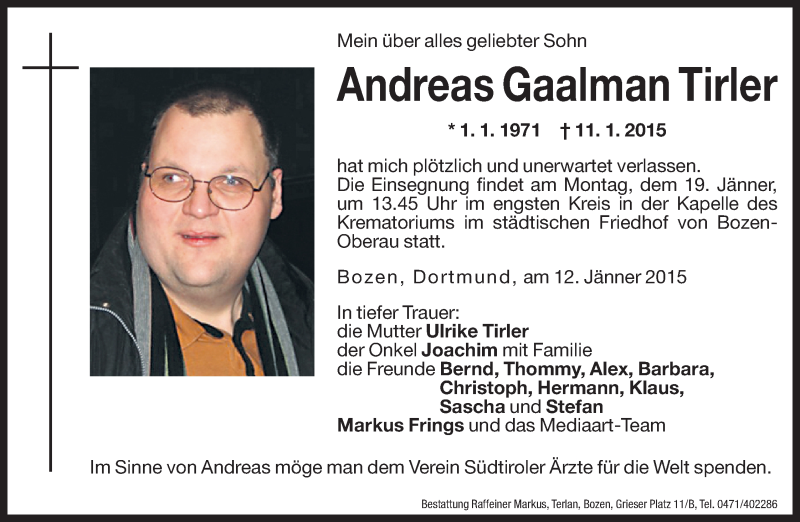  Traueranzeige für Andreas Gaalman Tirler vom 17.01.2015 aus Dolomiten