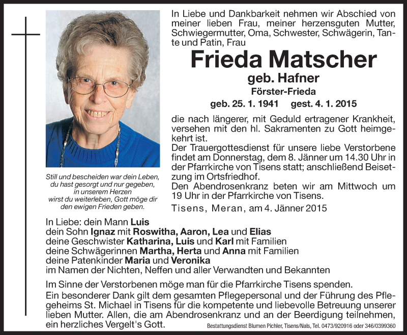  Traueranzeige für Frieda Matscher vom 07.01.2015 aus Dolomiten