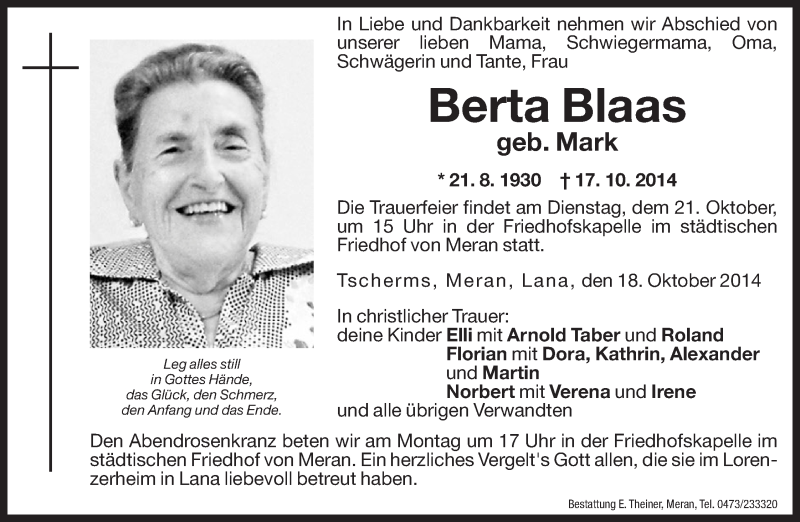  Traueranzeige für Berta Blaas vom 20.10.2014 aus Dolomiten