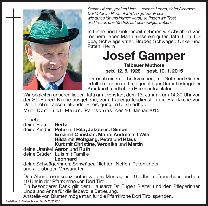  Traueranzeige für Josef Gamper vom 12.01.2015 aus Dolomiten