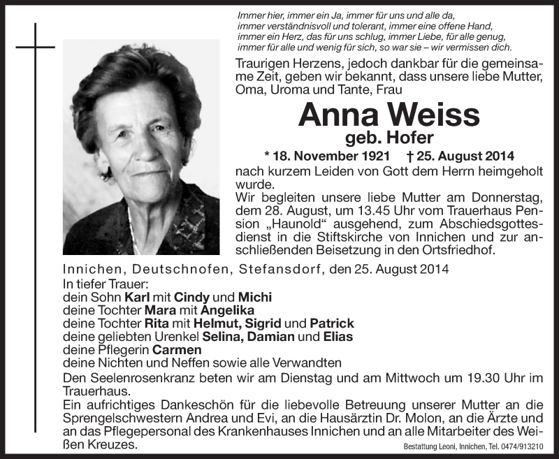  Traueranzeige für Anna Weiss vom 26.08.2014 aus Dolomiten