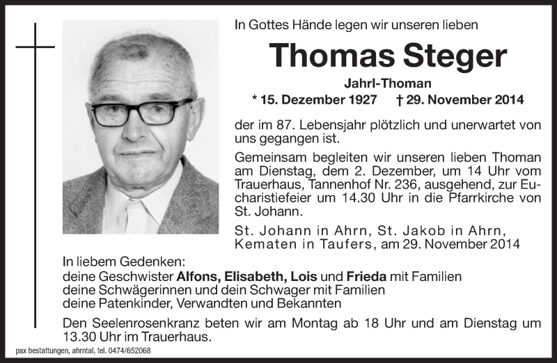  Traueranzeige für Thomas Steger vom 01.12.2014 aus Dolomiten