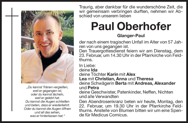  Traueranzeige für Paul Oberhofer vom 22.02.2016 aus Dolomiten