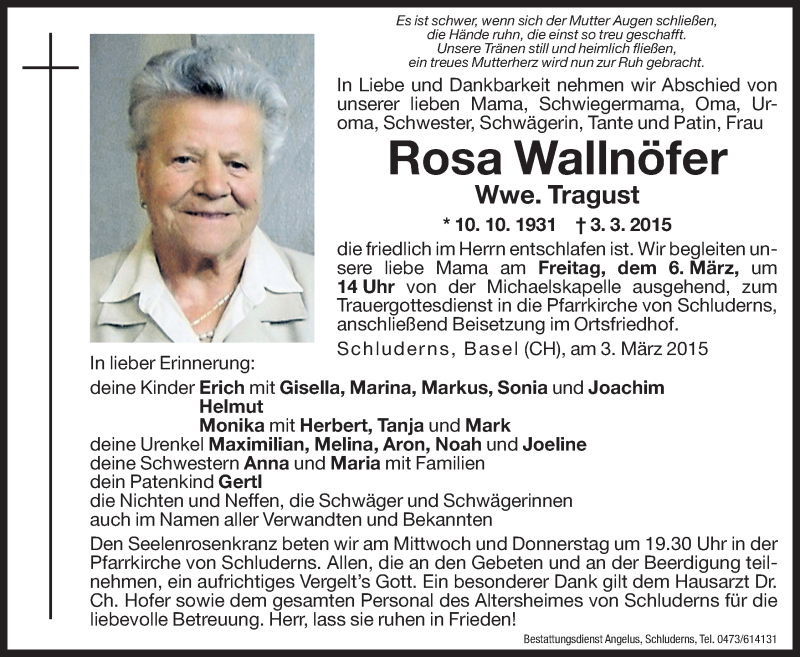  Traueranzeige für Rosa Tragust vom 04.03.2015 aus Dolomiten