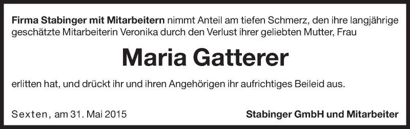  Traueranzeige für Maria Gatterer vom 03.06.2015 aus Dolomiten