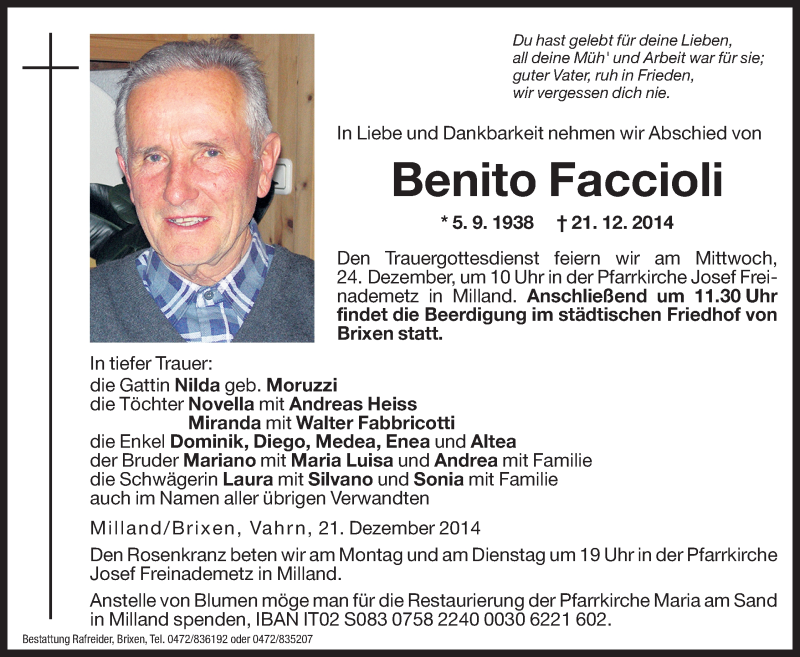  Traueranzeige für Benito Faccioli vom 22.12.2014 aus Dolomiten