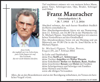 Traueranzeige von Franz Mauracher von Dolomiten