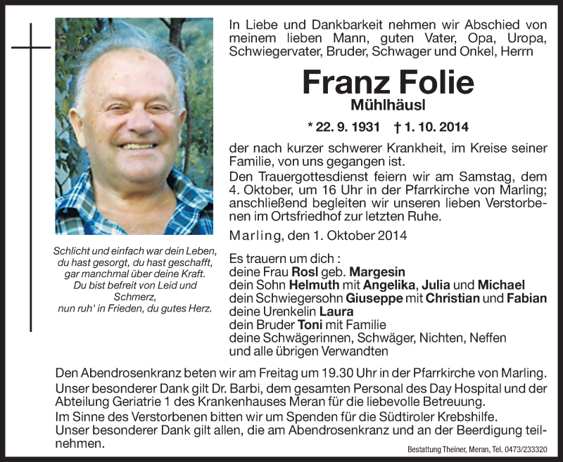  Traueranzeige für Franz Folie vom 02.10.2014 aus Dolomiten